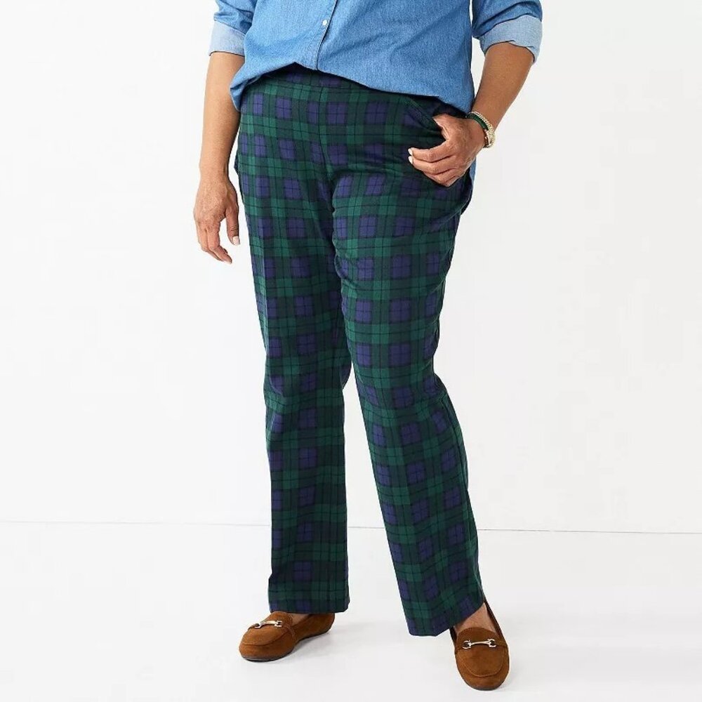 Croft & Barrow Plus Blue Plaid Effortless Stretch Slimming Bootcut Pants Sz 30WS